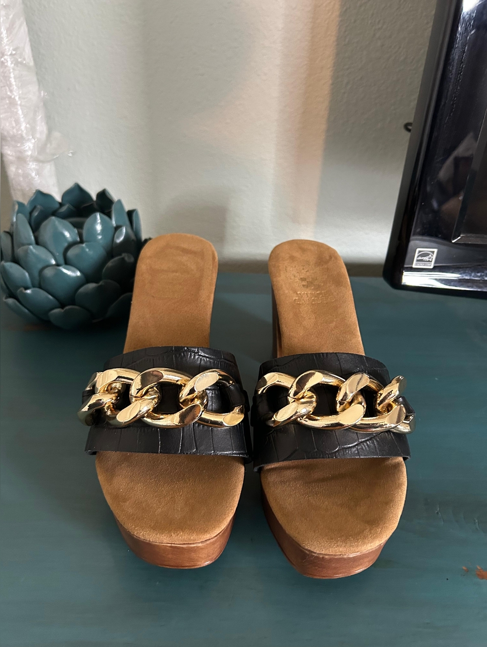 Vince Camuto Black Leather Slide Mules with Gold Chain